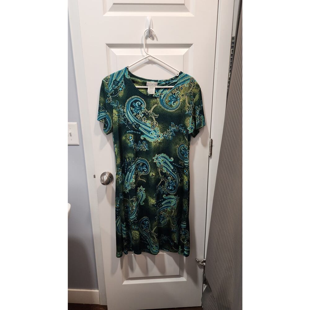 White Stag Stretch Paisley Dress Teal Green Blue Size L (12/14) Short Sleeve